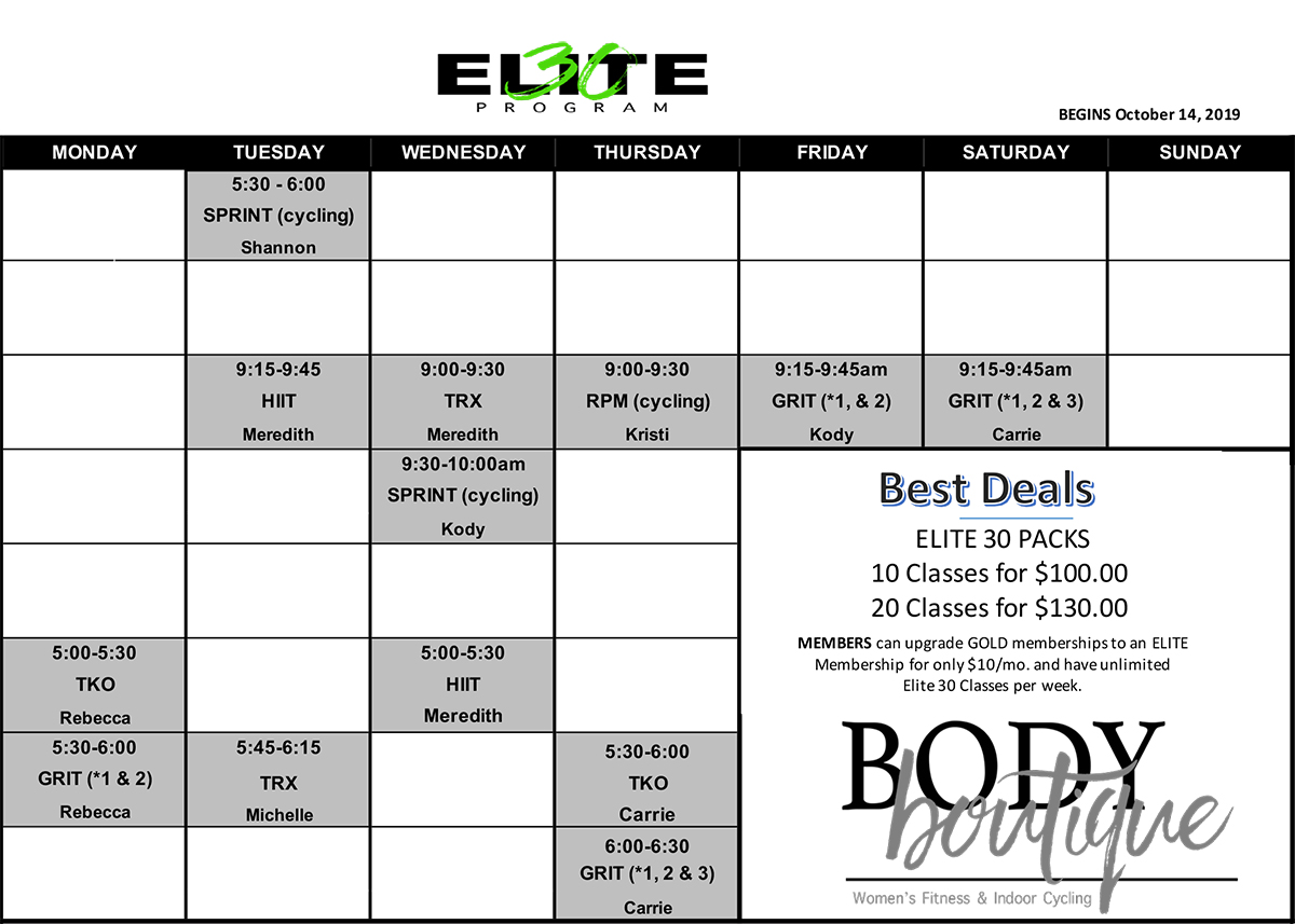 Elite30 Class Schedule Elite30 Class Schedule