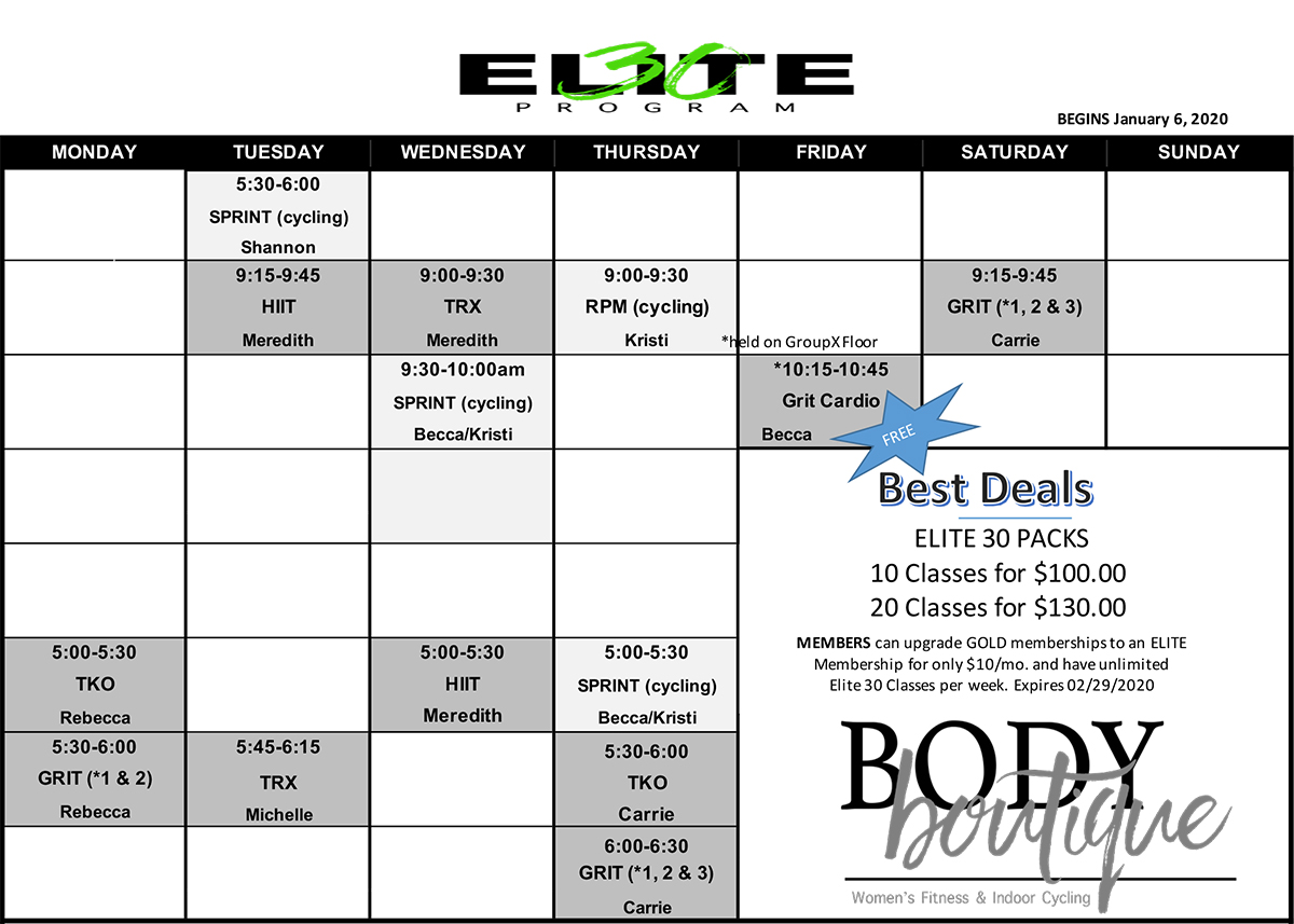 Elite30 Winter 2020 Class Schedule Elite30 Winter 2020 Class Schedule