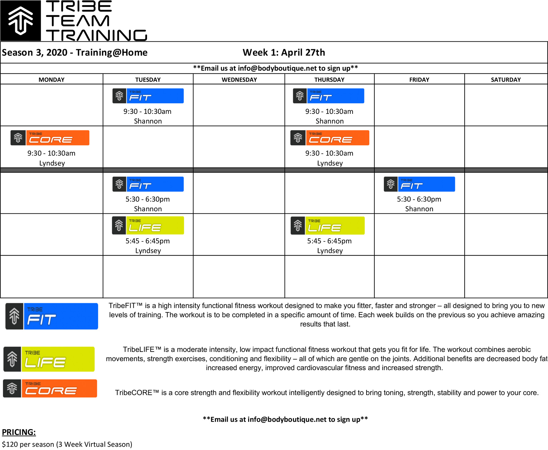 Tribe Team Training Class Schedule for Season Three 2020 - Training@Home Tribe Team Training Class Schedule for Season Three 2020 - Training@Home