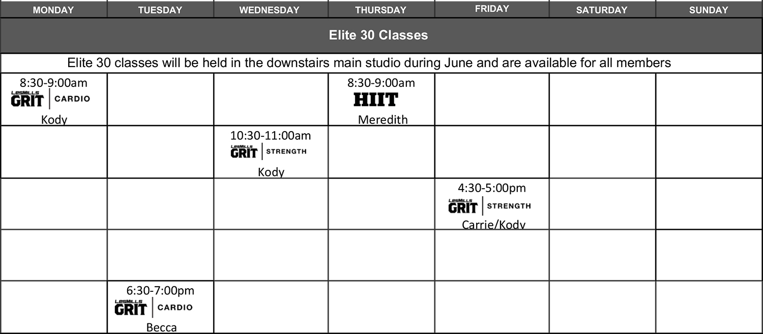 Elite30 Class Schedule for June 2020