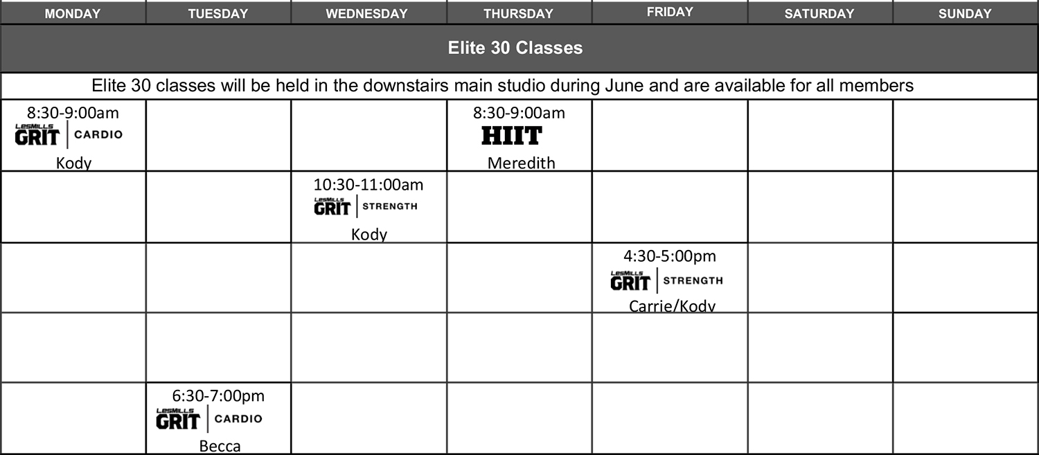 Elite30 Class Schedule for June 2020 Elite30 Class Schedule for June 2020