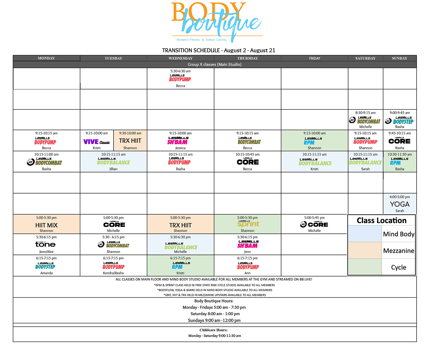 Body Body Group Class Schedule August 2022