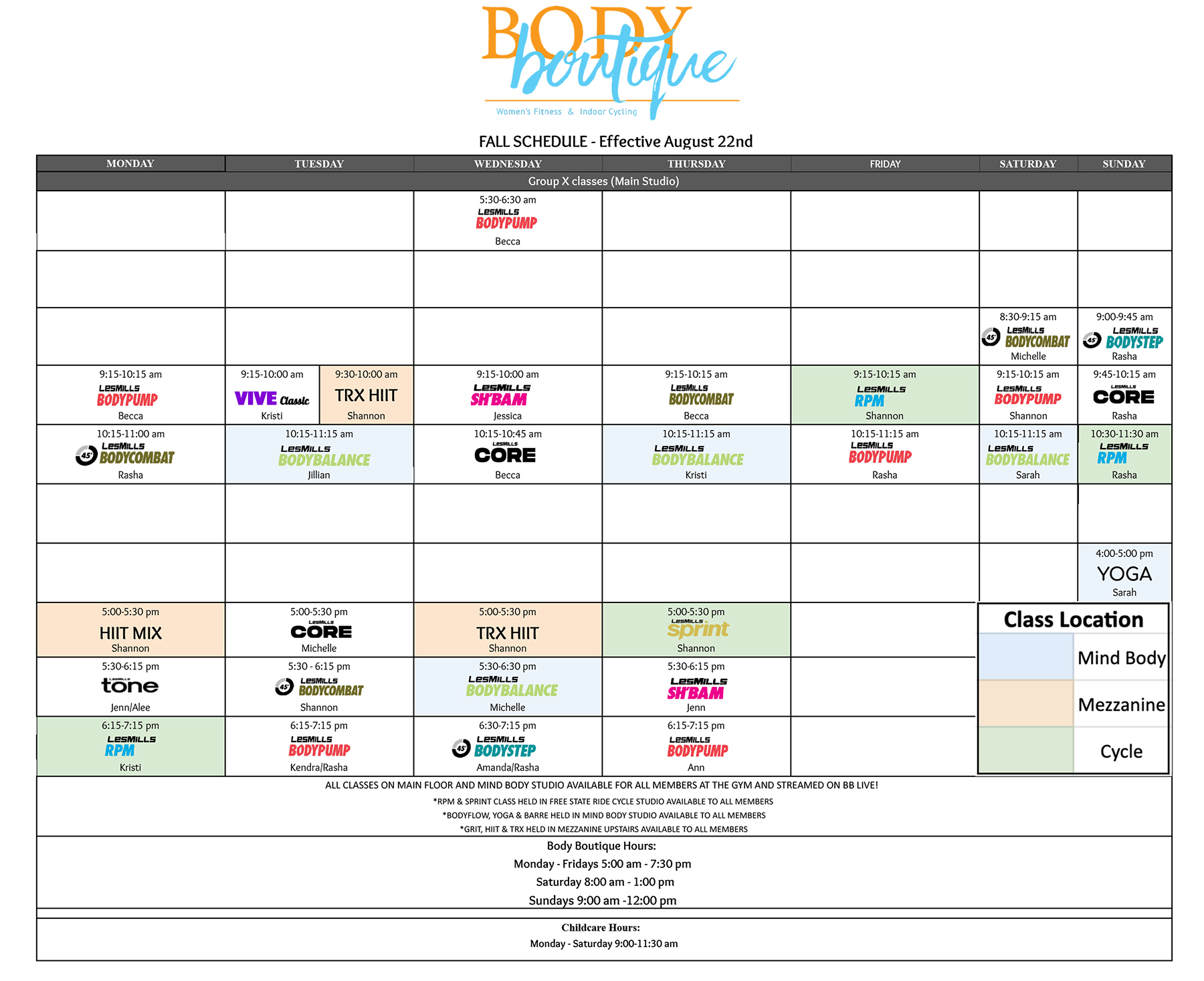 Body Boutique Class Schedule