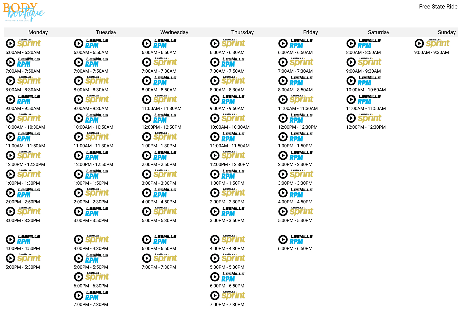 Free State Ride Cycling Class Schedule