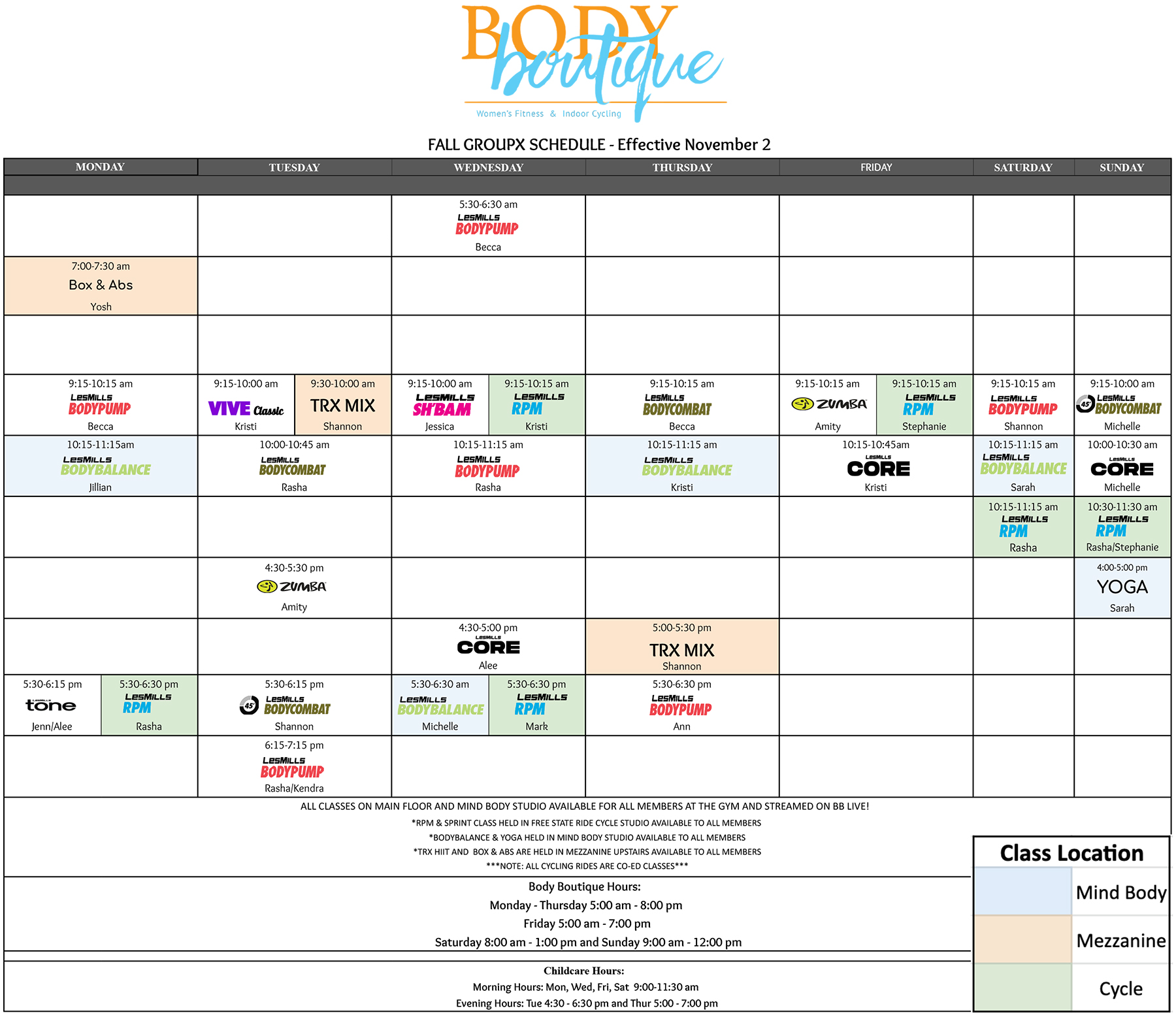 Body Boutique Group Fitness Class Schedule