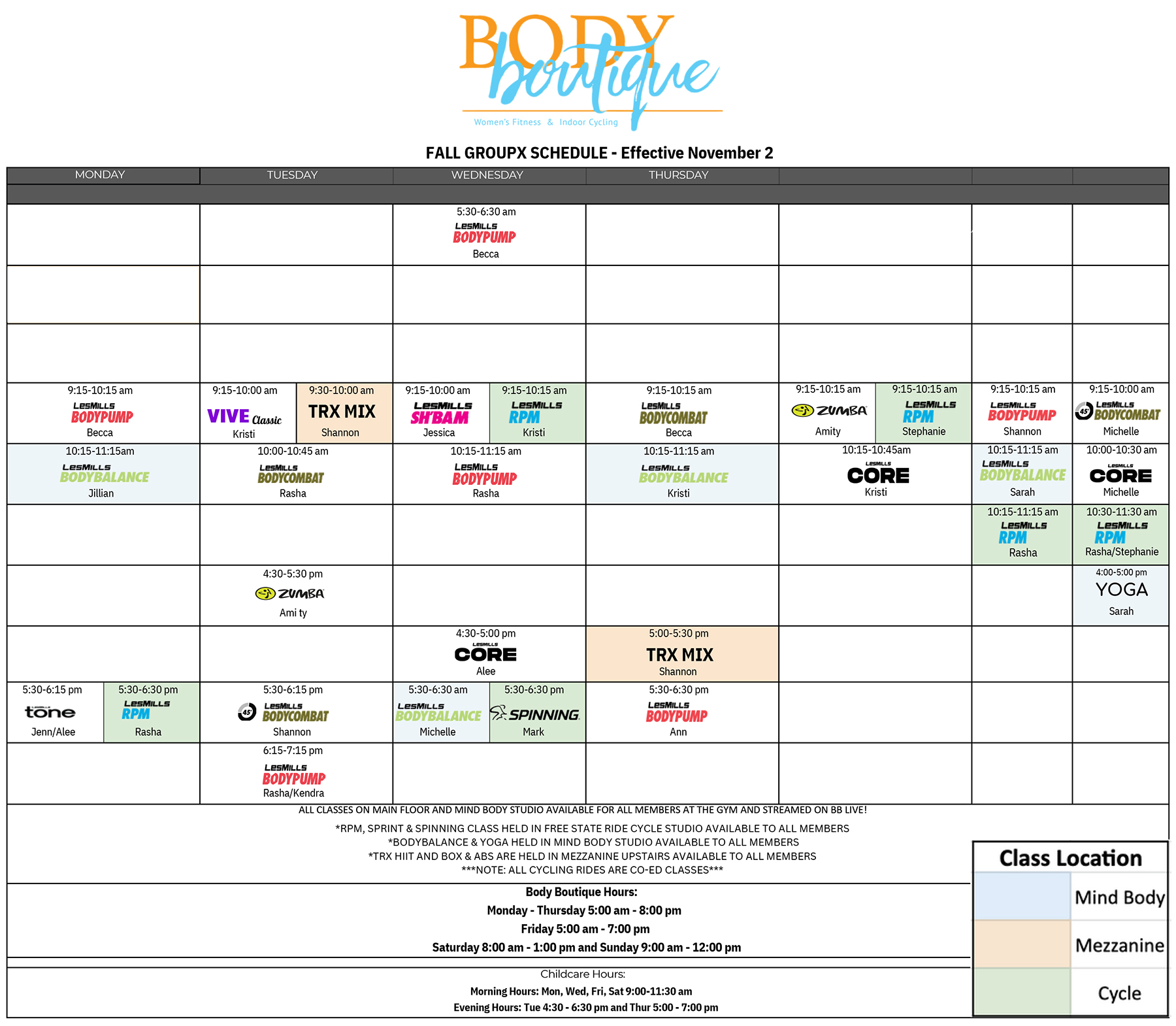 Body Boutique Fitness GroupX Class Schedule - April 2024