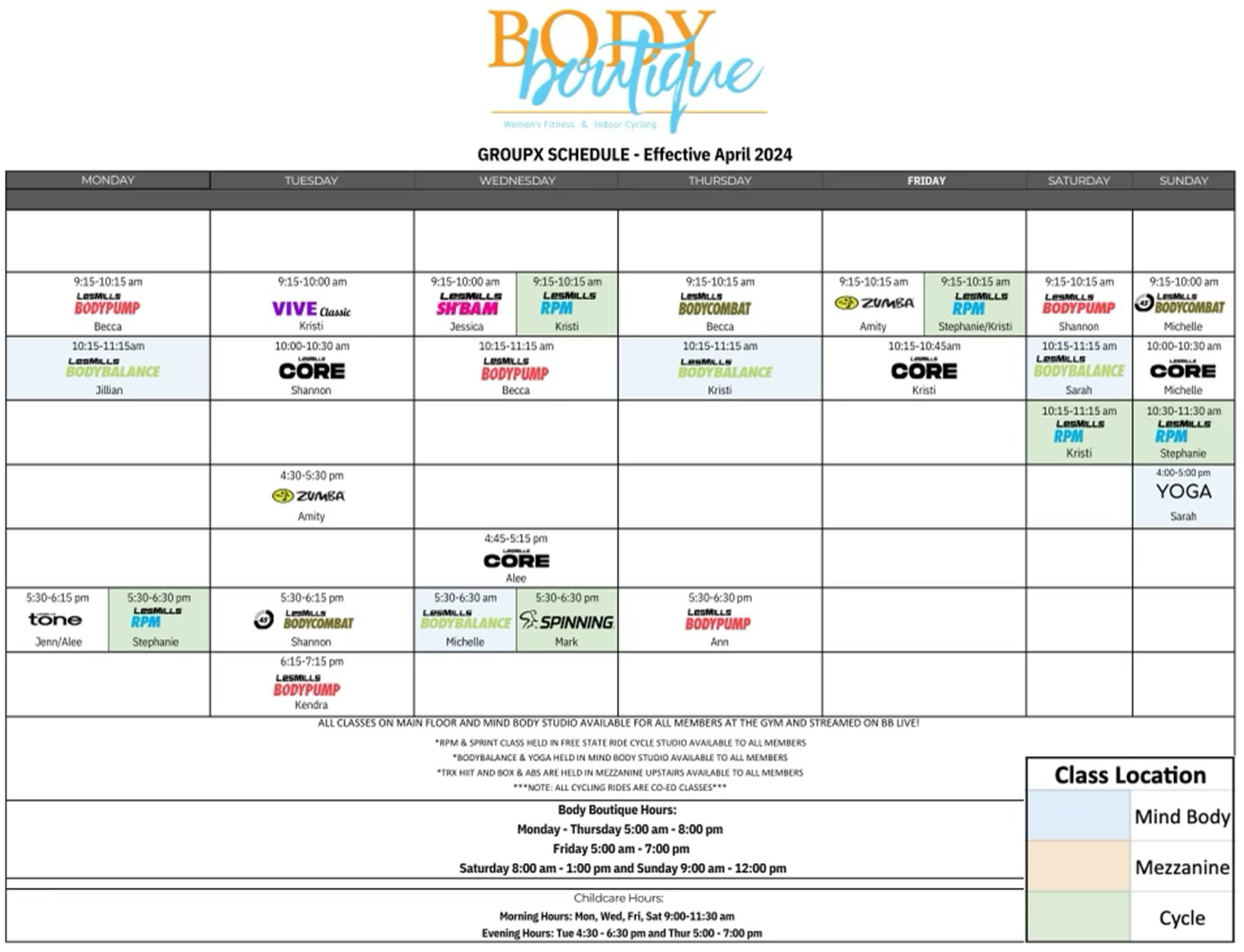 Body Boutique Fitness GroupX Class Schedule