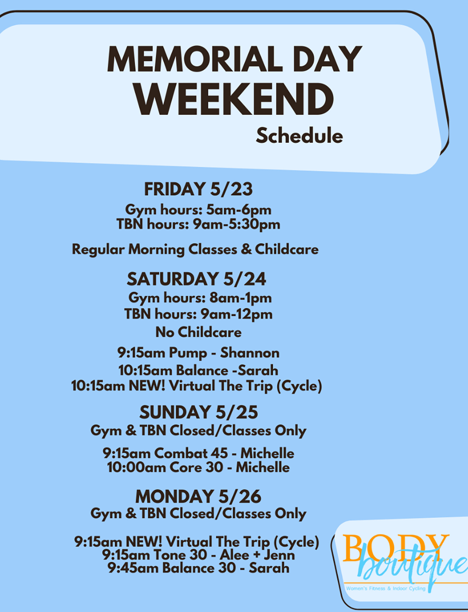 Body Boutique Fitness Memorial Day Hours and Classes 2025
