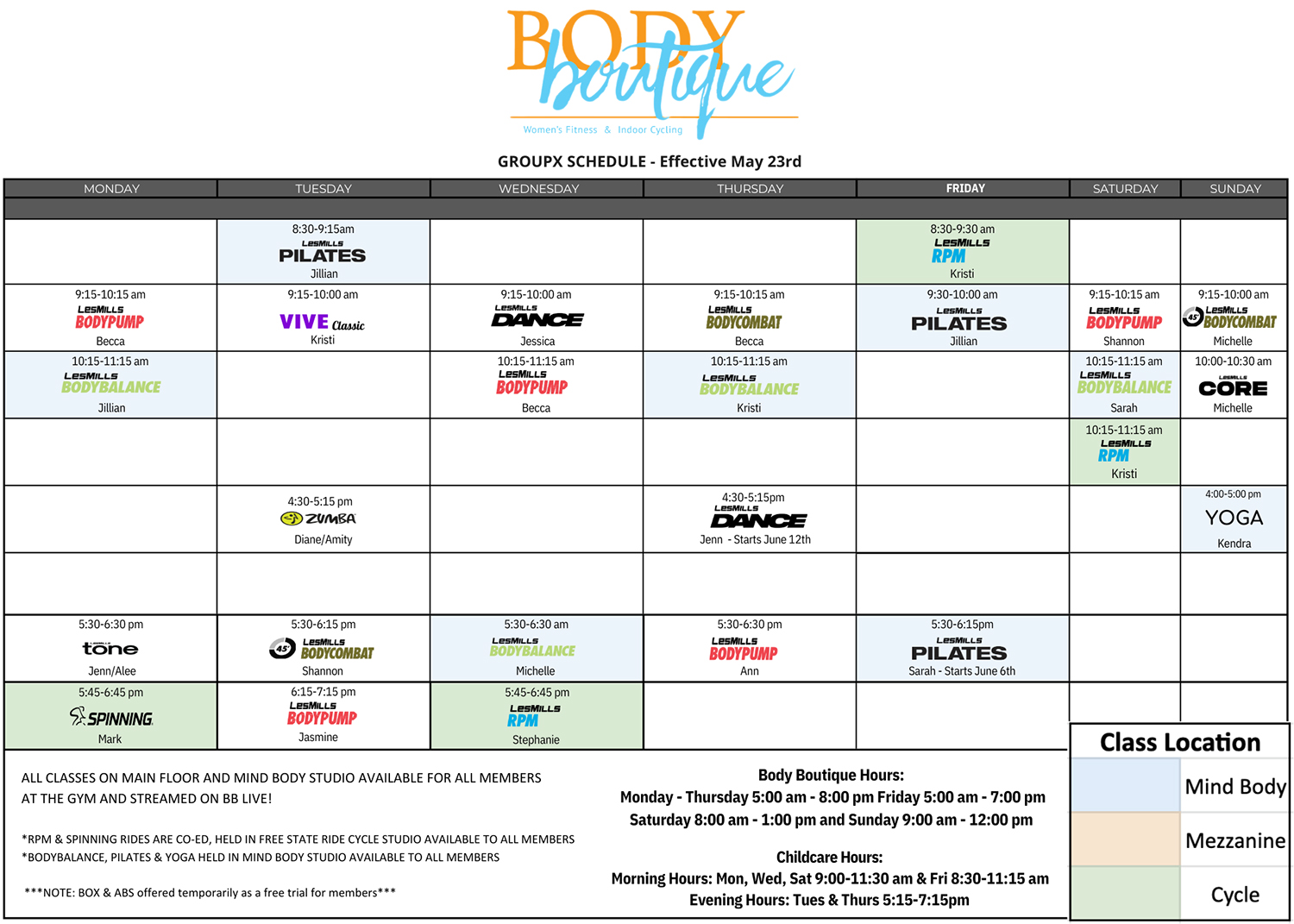 Body Boutique Fitness Summer 2025 GX Class Schedule