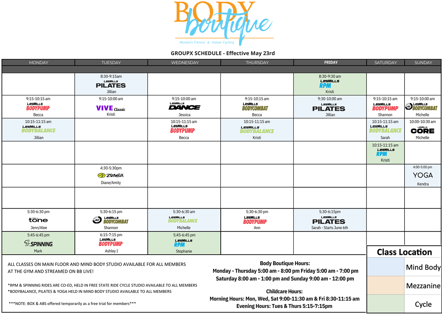 Body Boutique Group Fitness Class Schedule - Spring 2025 Body Boutique Group Fitness Class Schedule - Spring 2025