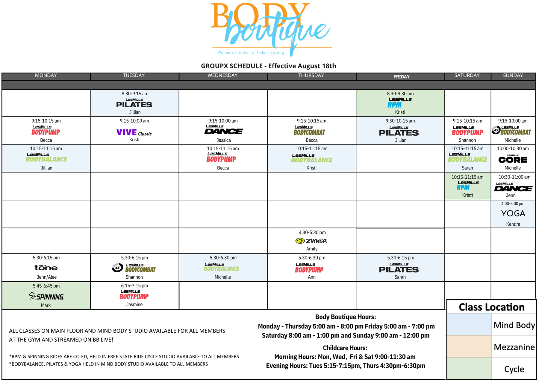 Body Boutique Fitness GroupX Class Schedule Body Boutique Fitness GroupX Class Schedule