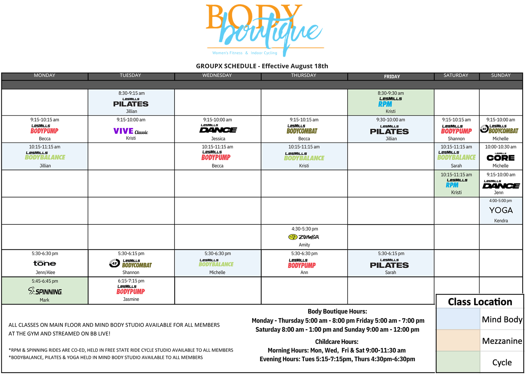 Body Boutique Fitness GroupX Class Schedule