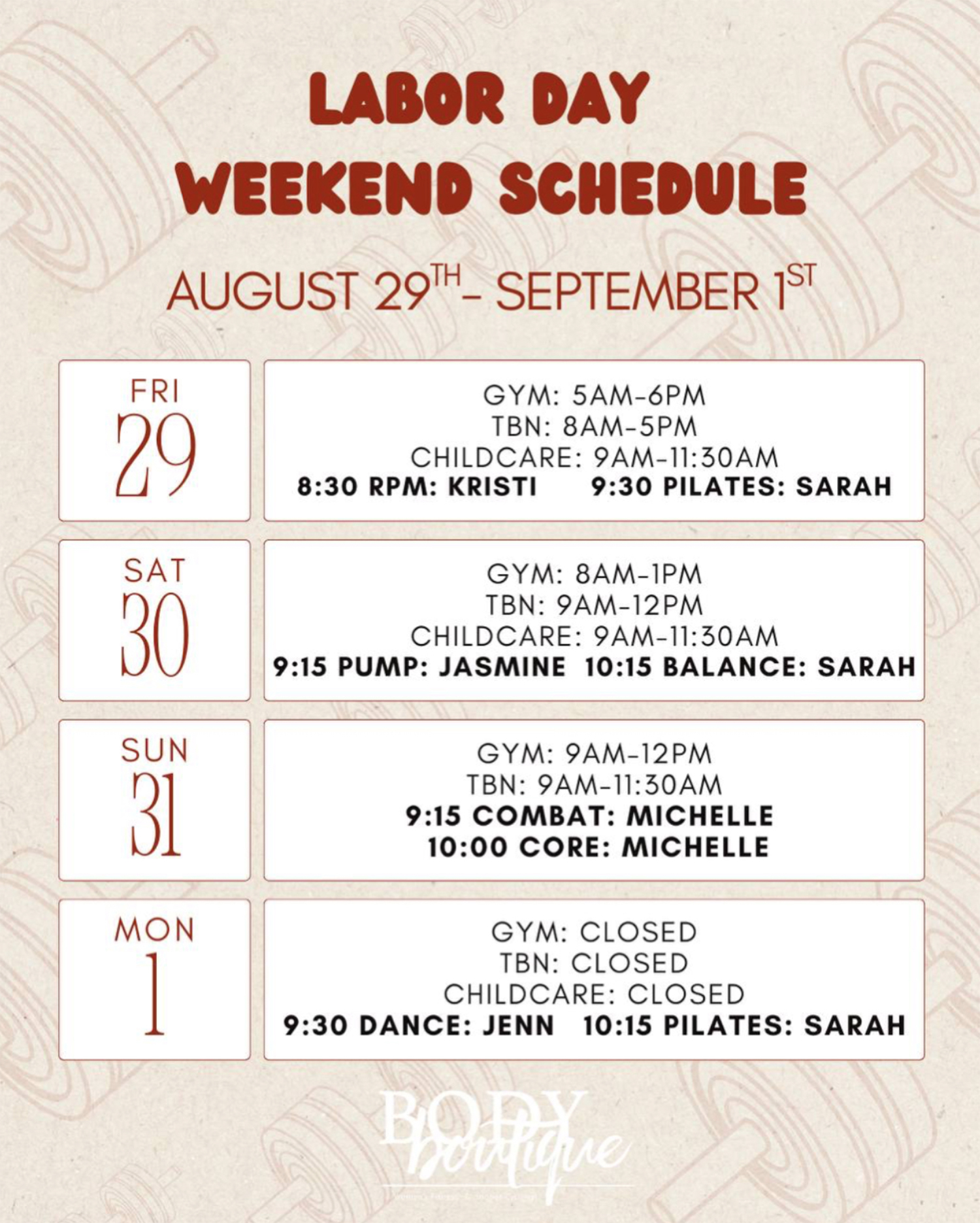 Labor Day Schedule