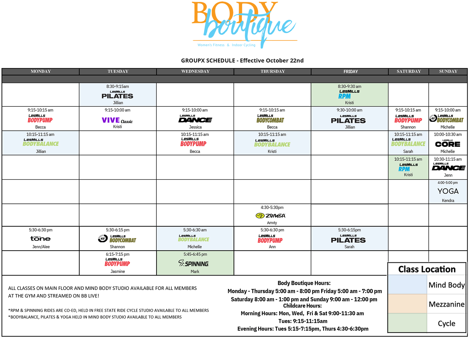 Body Boutique Fitness GroupX Class Schedule Effective: October 22, 2025 Body Boutique Fitness GroupX Class Schedule Effective: October 22, 2025