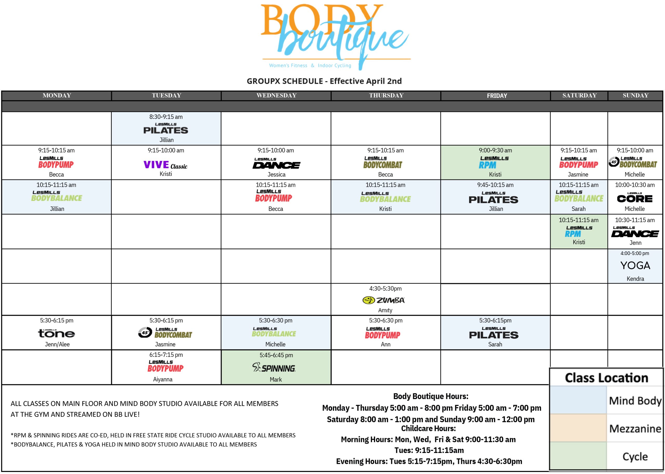 Body Boutique Group Fitness Class Schedule
