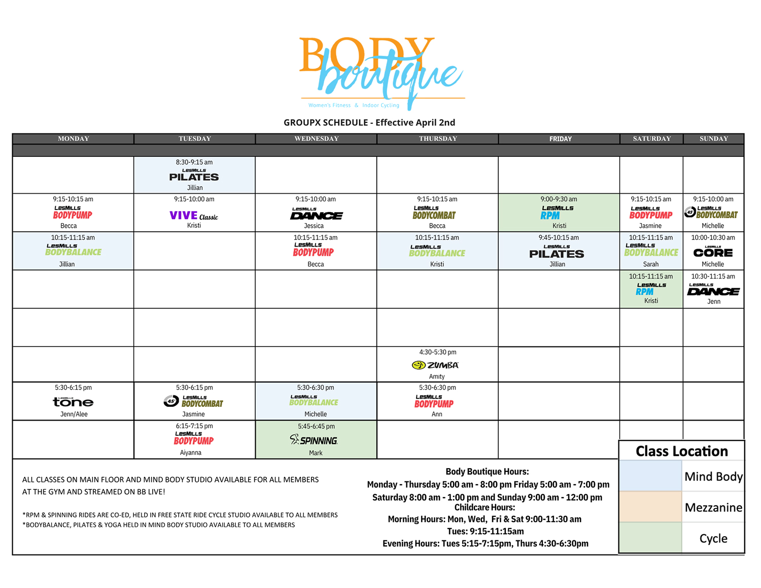Body Boutique Fitness Group Fitness Class Schedule - April 2026