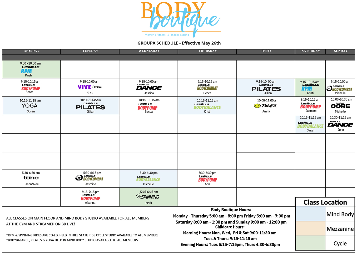 Body Boutique Group Fitness Class Schedule - May 2026
