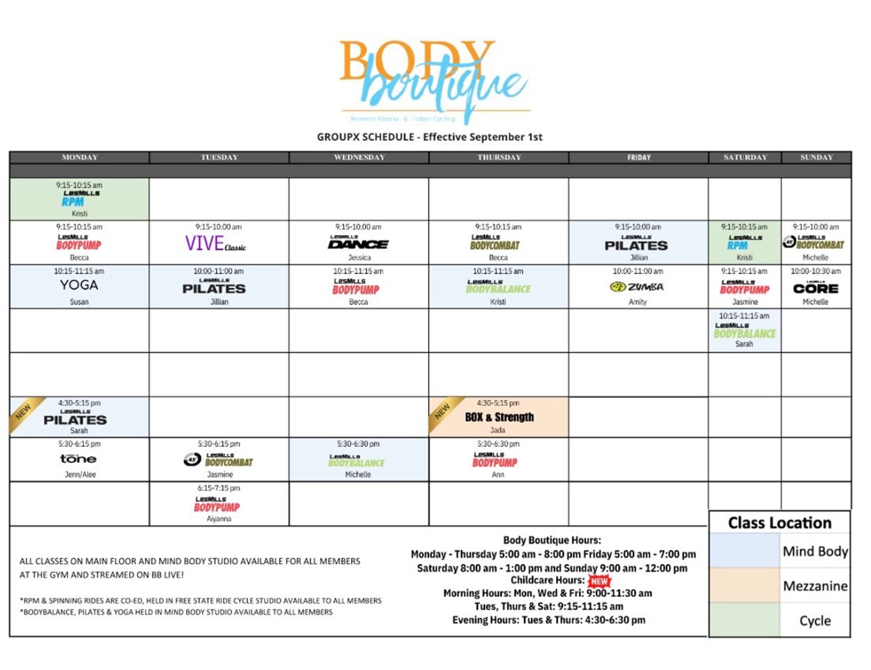 Body Boutique Fitness Group Fitness Class Schedule 2026