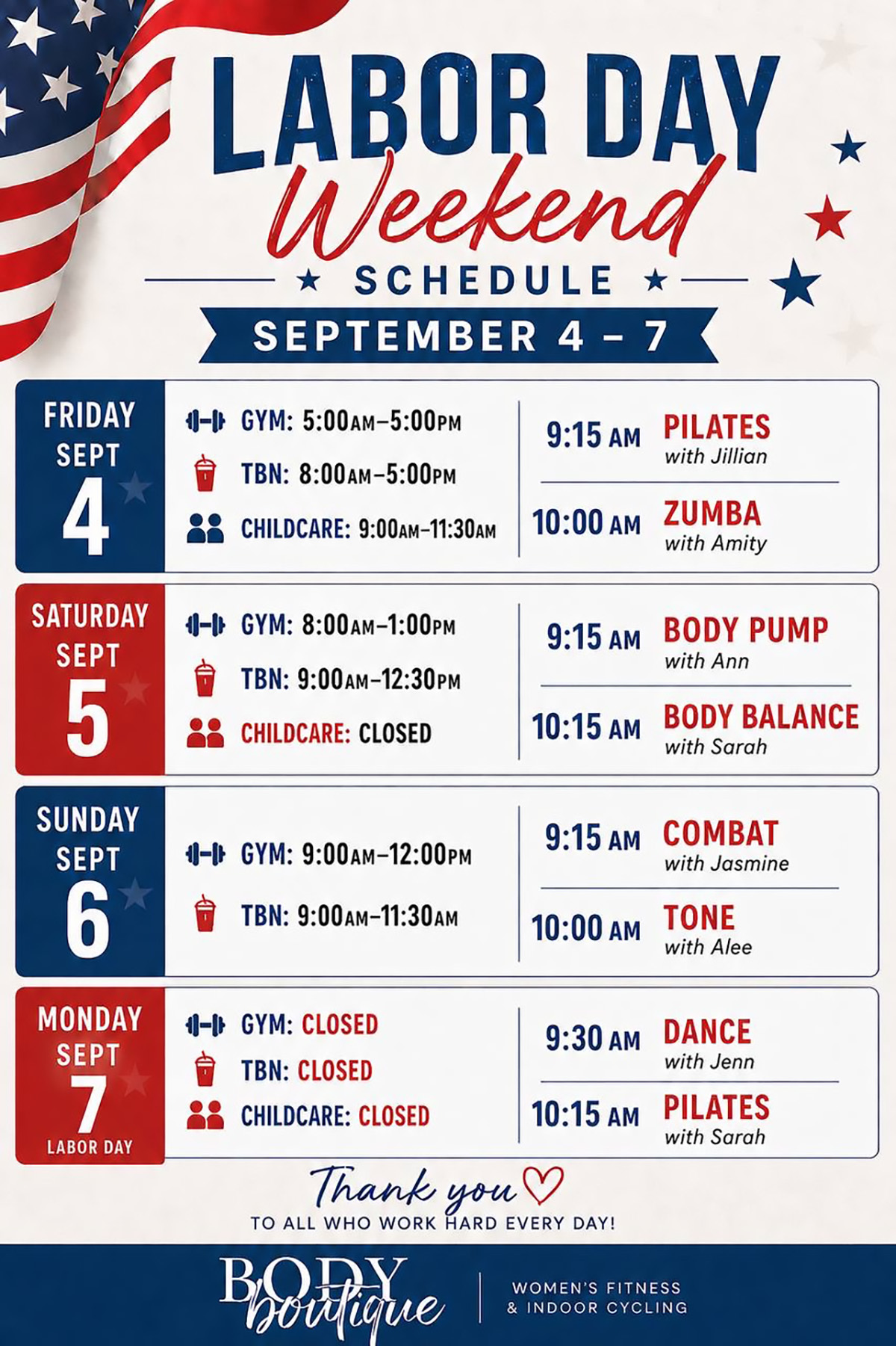 Labor Weekend Schedule